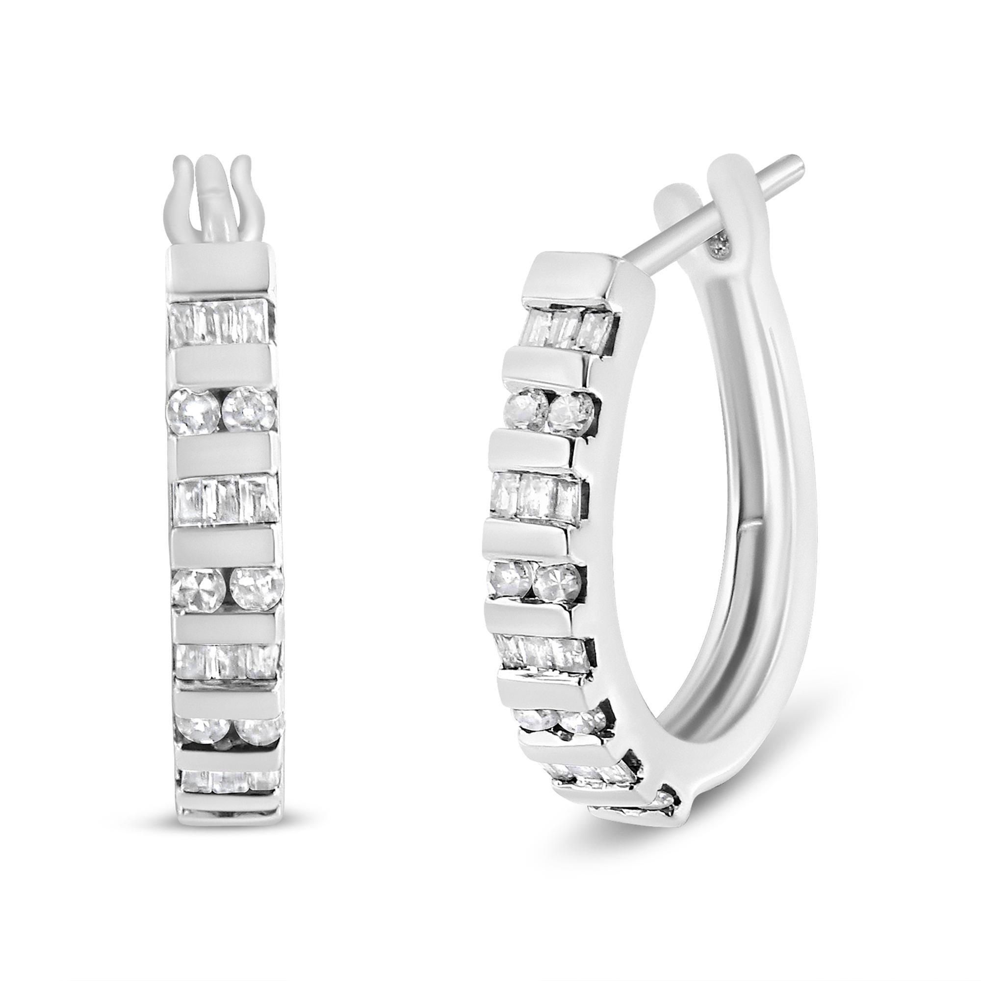 10K Gold Round and Baguette-Cut Diamond Hoop Earrings (I-J Color, I2-I3 Clarity)