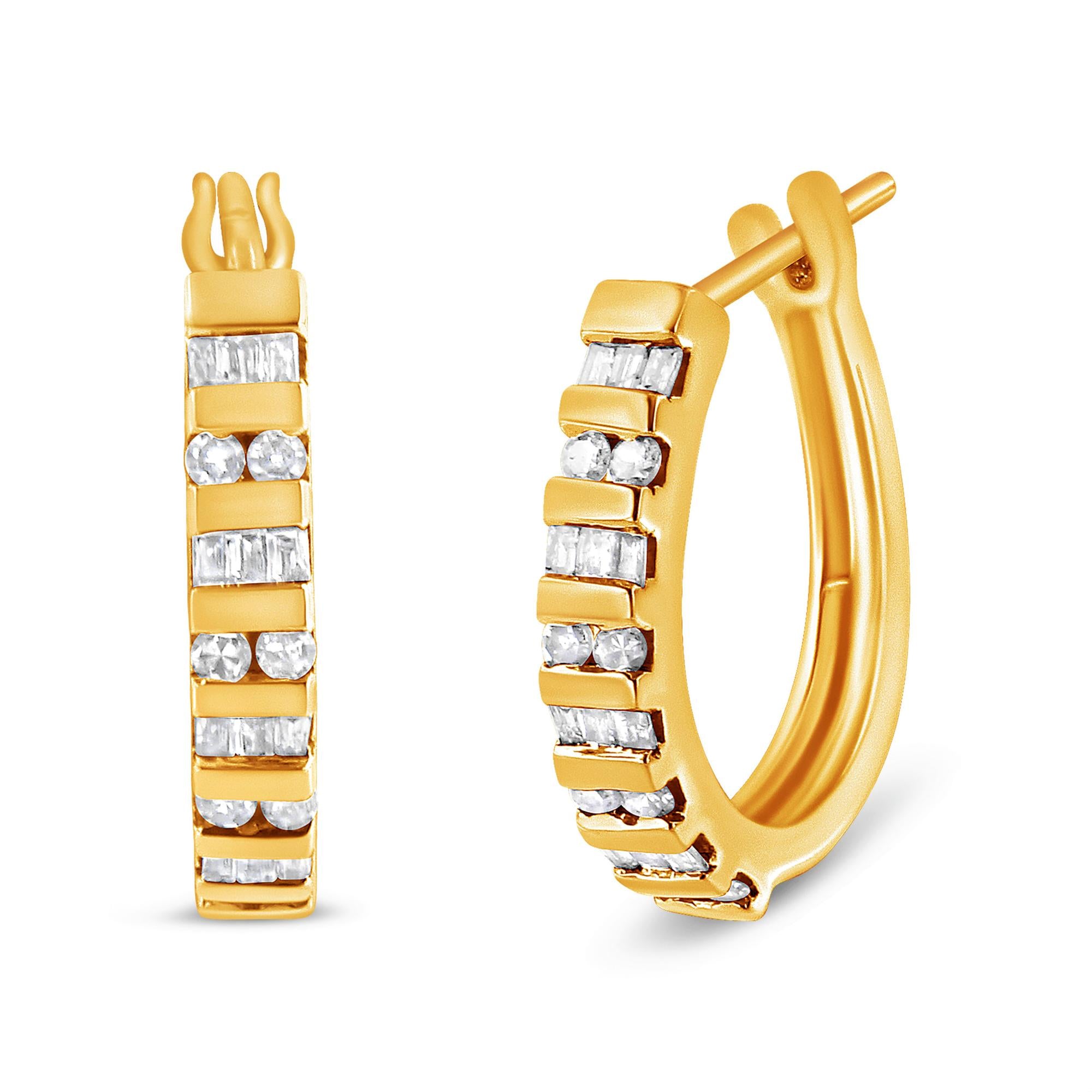 10K Gold Round and Baguette-Cut Diamond Hoop Earrings (I-J Color, I2-I3 Clarity)